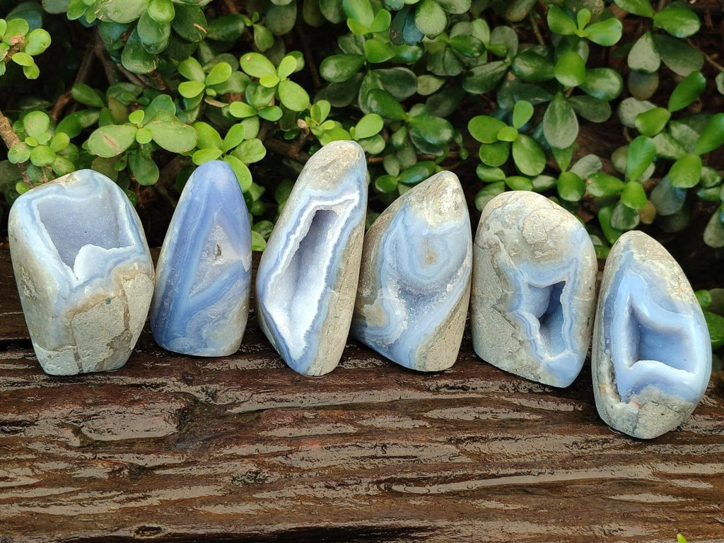 Polished and Natural Blue Lace Agate Standing Display Pieces x 6 From Nsanje, Malawi - Toprock Gemstones and Minerals 