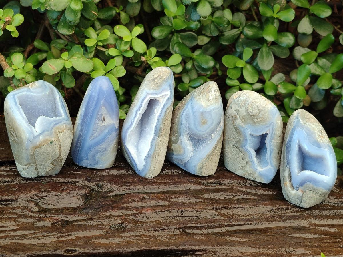 Polished and Natural Blue Lace Agate Standing Display Pieces x 6 From Nsanje, Malawi - Toprock Gemstones and Minerals 