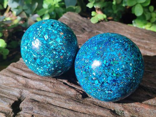 Hand Made Conglomerate Chrysocolla Spheres with Azurite And Malachite x 2 From Congo