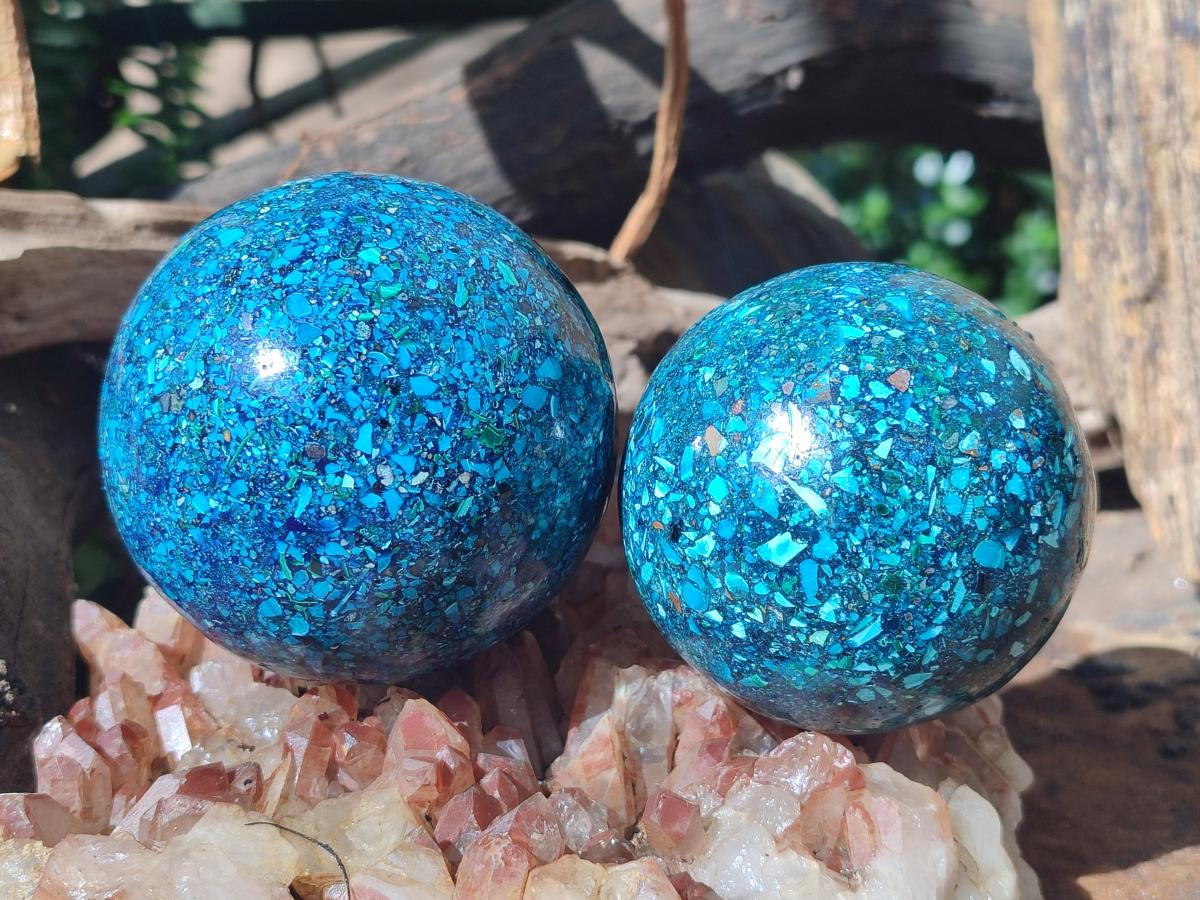Hand Made Conglomerate Chrysocolla Spheres with Azurite And Malachite x 2 From Congo
