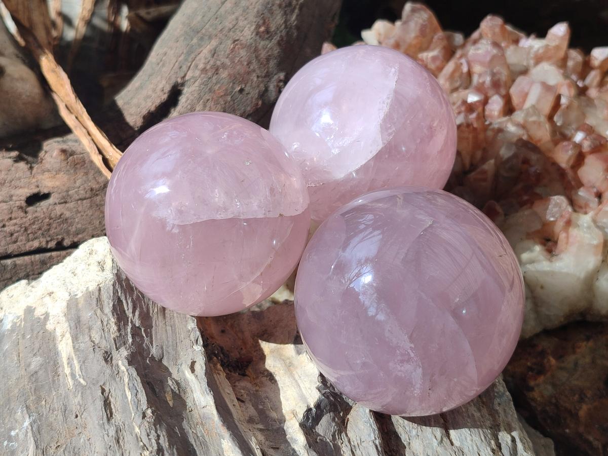 Polished Gemmy Rose Quartz Spheres x 3 From Madagascar