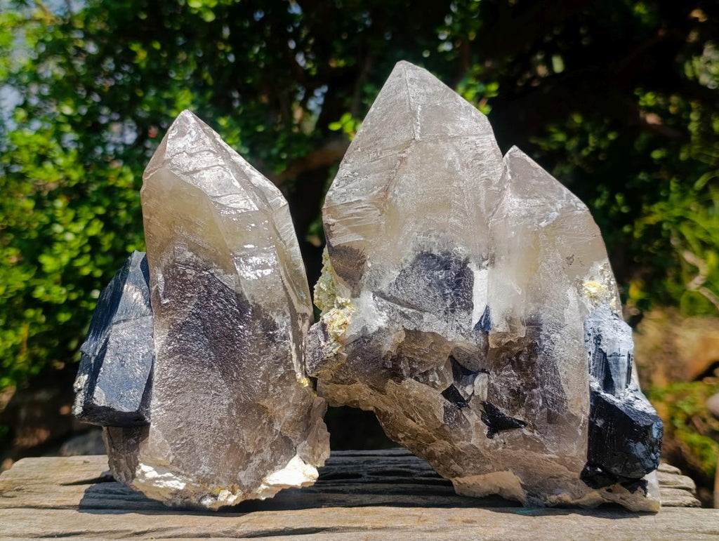Natural Large Smokey Quartz Crystals with Schorl Black Tourmaline and Hyalite Opal x 2 From Erongo, Namibia