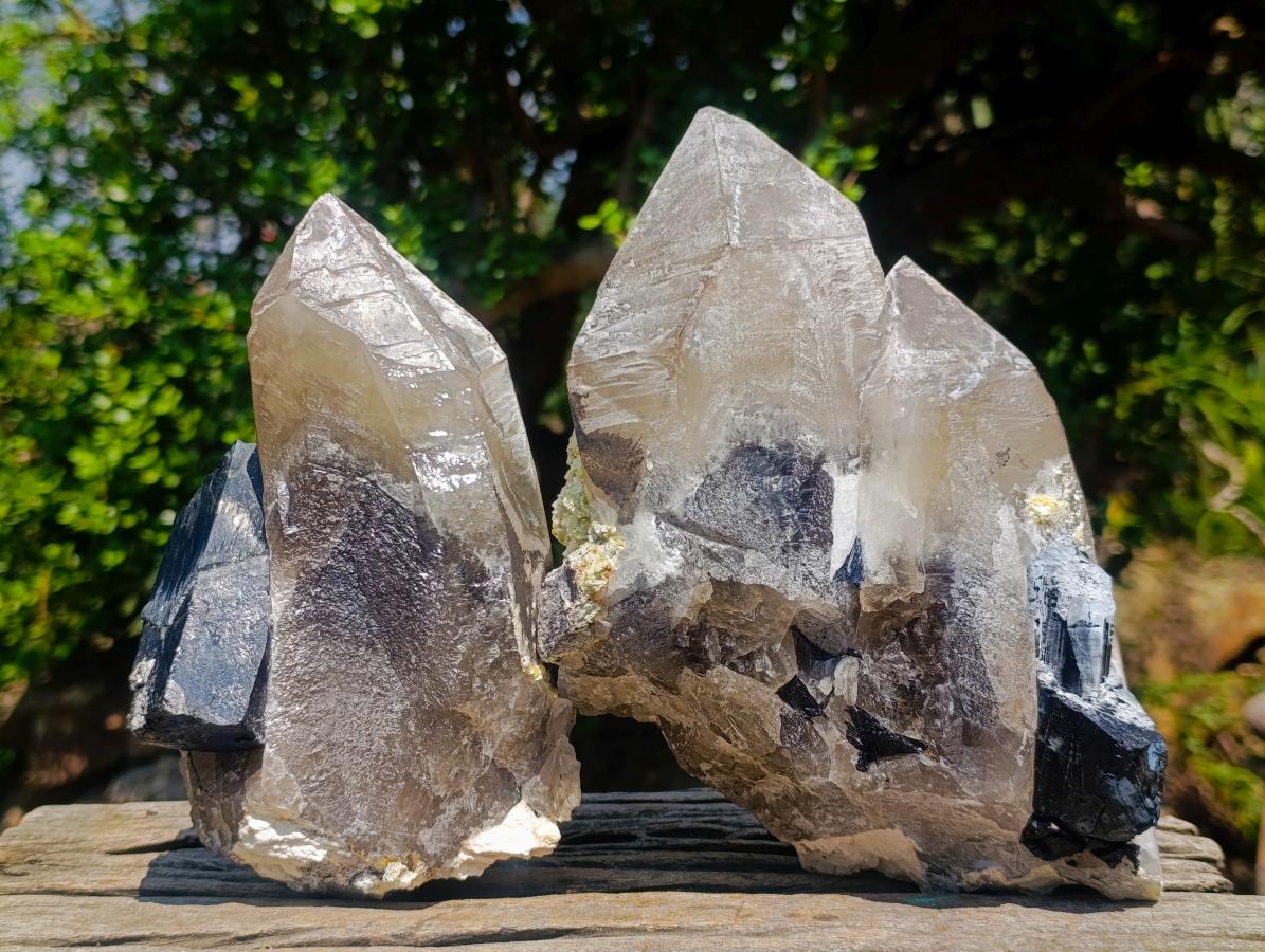 Natural Large Smokey Quartz Crystals with Schorl Black Tourmaline and Hyalite Opal x 2 From Erongo, Namibia