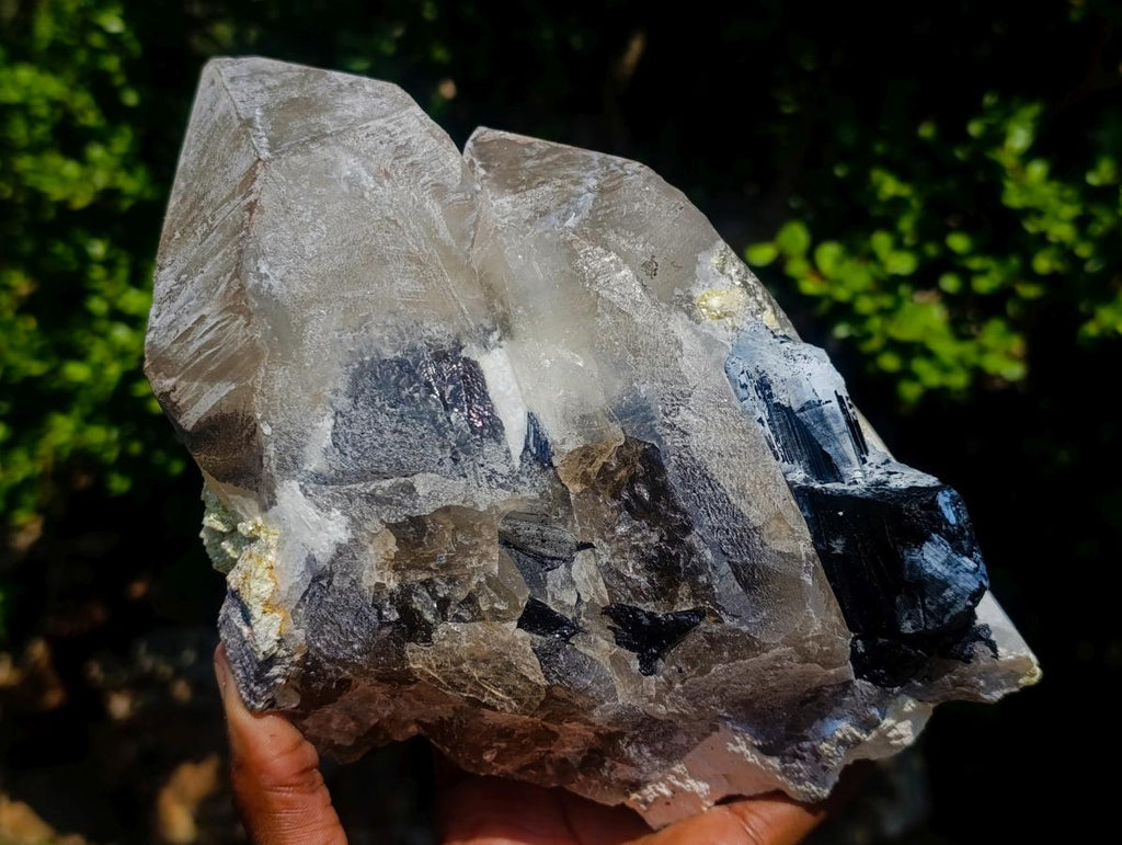 Natural Large Smokey Quartz Crystals with Schorl Black Tourmaline and Hyalite Opal x 2 From Erongo, Namibia