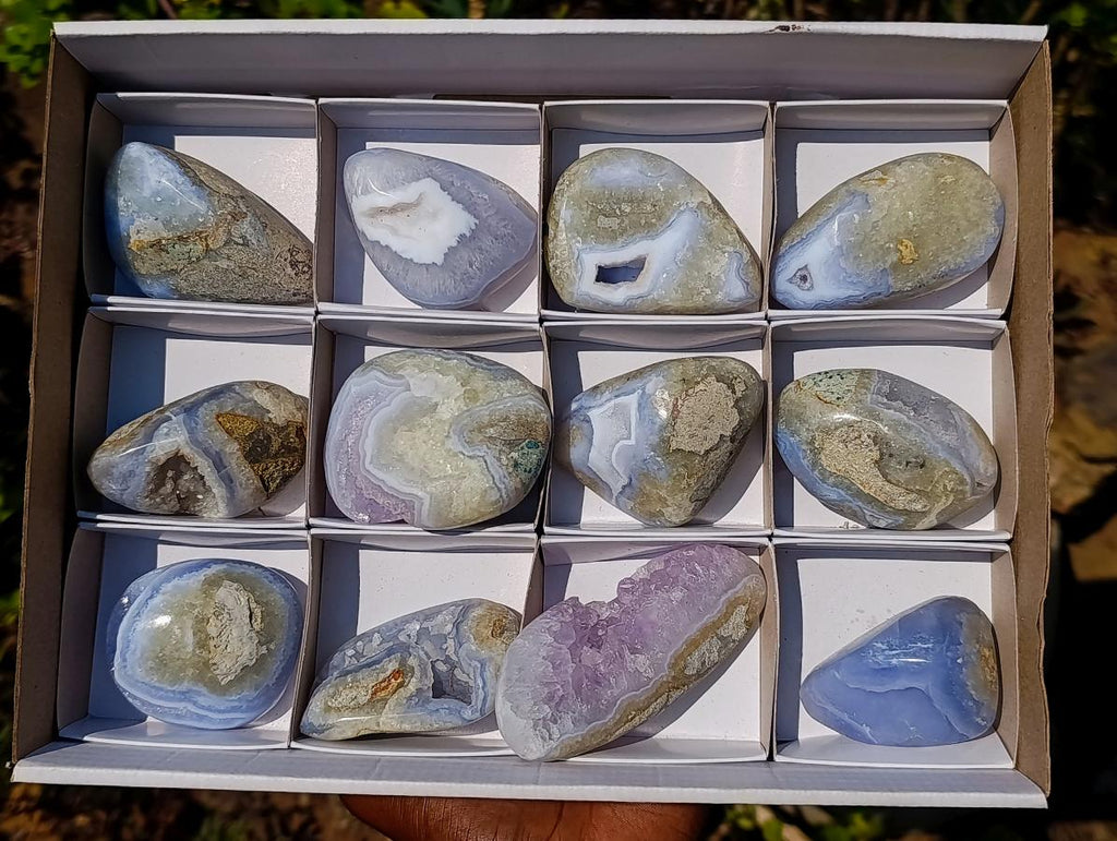 Polished and Natural Blue Lace Agate Free Forms x 12 From Nsanje, Malawi