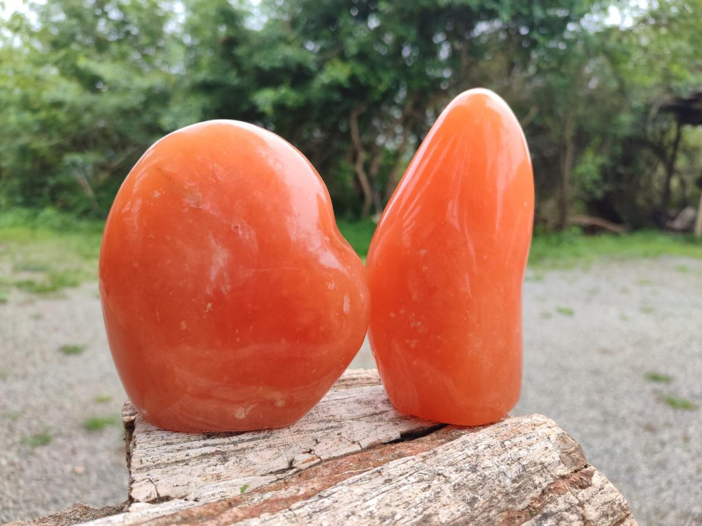 Polished Orange Calcite Standing Display Pieces x 2 From Madagascar
