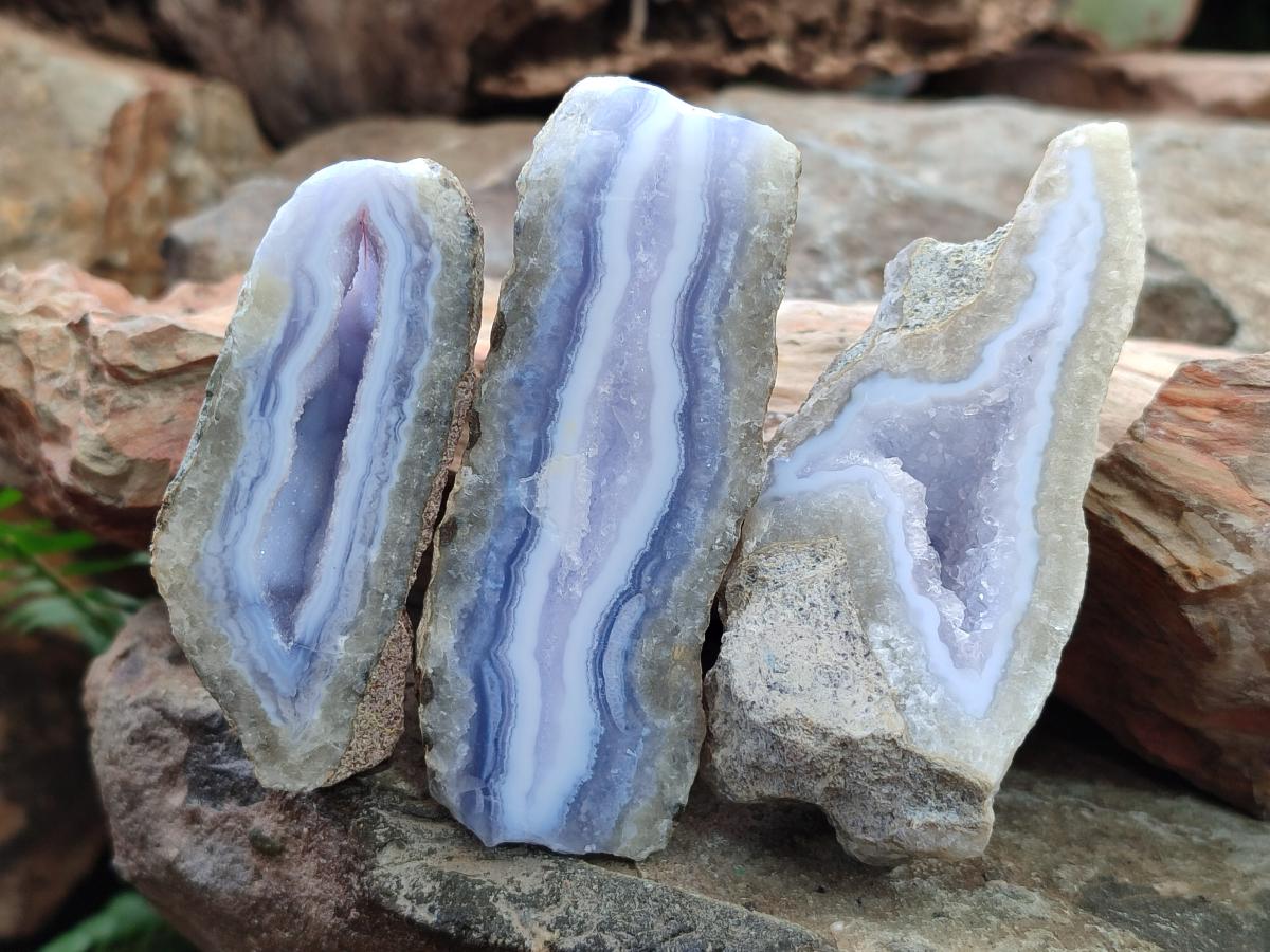 Polished One Side Blue Lace Agate Geodes x 12 From Nsanje, Malawi