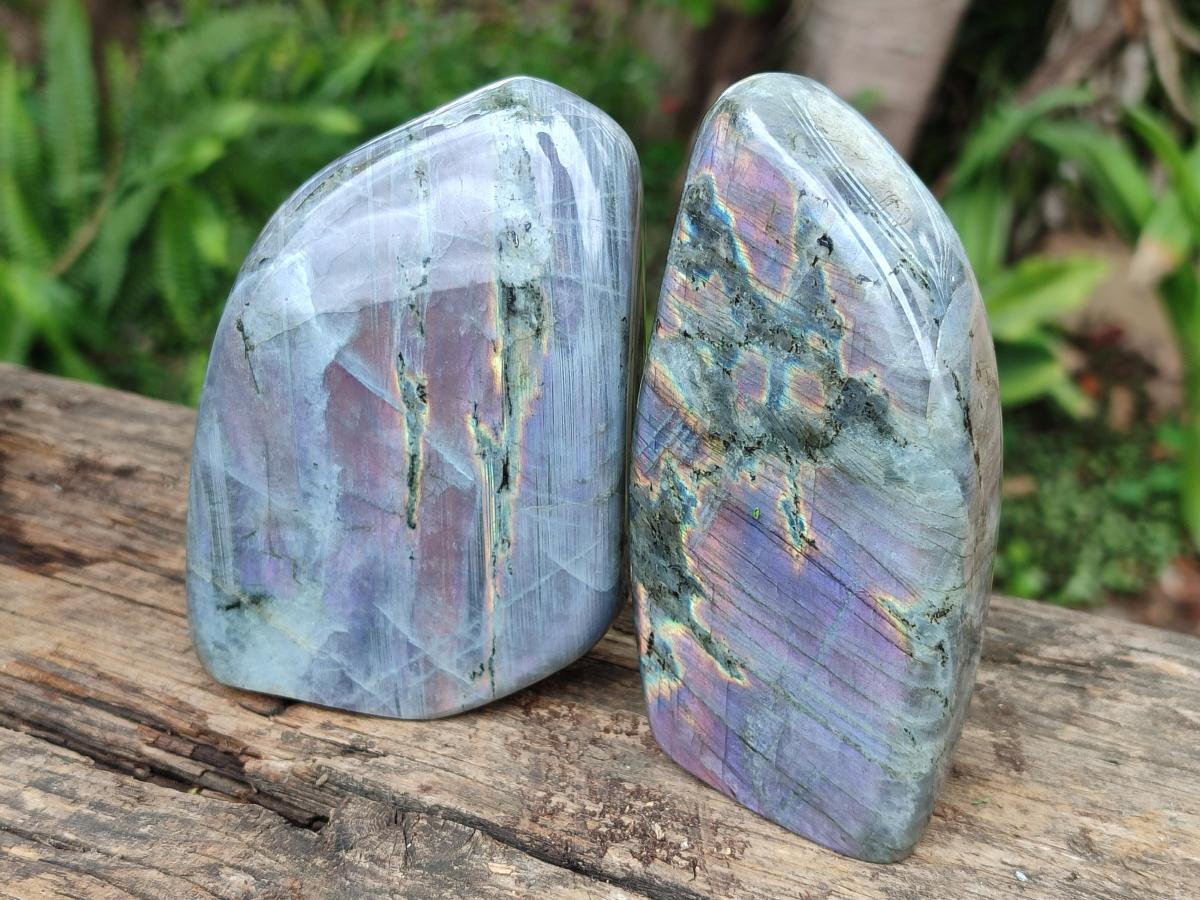 Polished Rare Purple Sunset Flash Labradorite Standing Display Piece x 3 From Madagascar