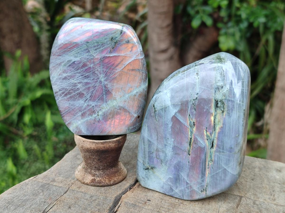 Polished Rare Purple Sunset Flash Labradorite Standing Display Piece x 3 From Madagascar