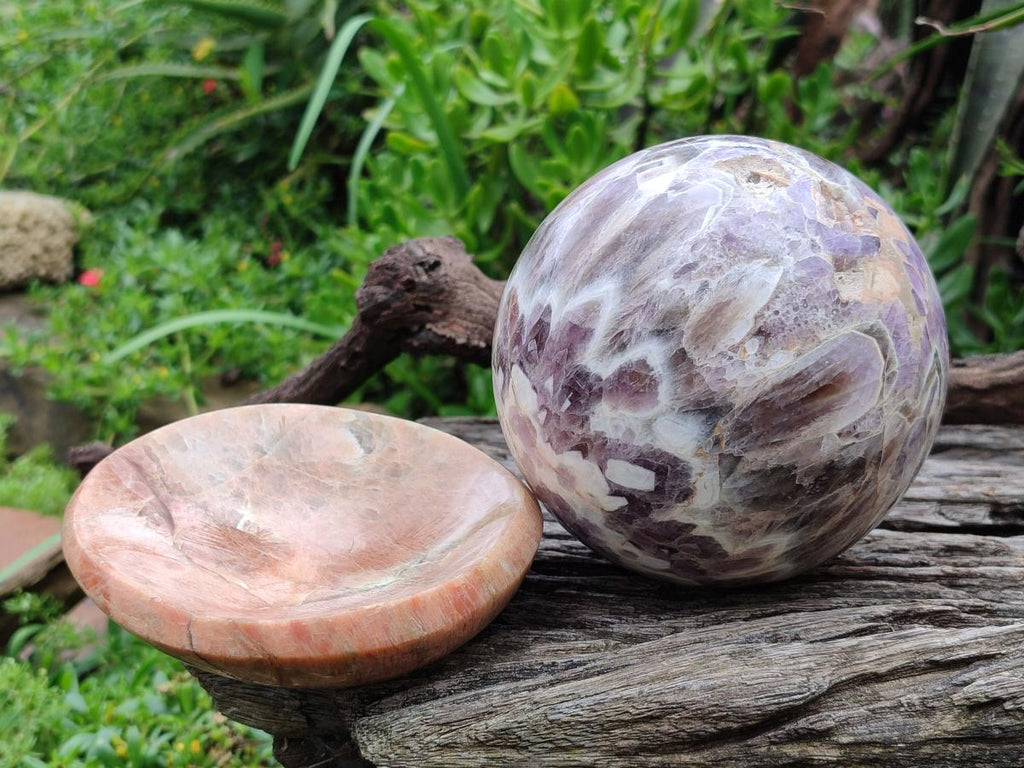 Polished XL Flower Amethyst Sphere with Orange Feldspar Stand x 2 From Madagascar