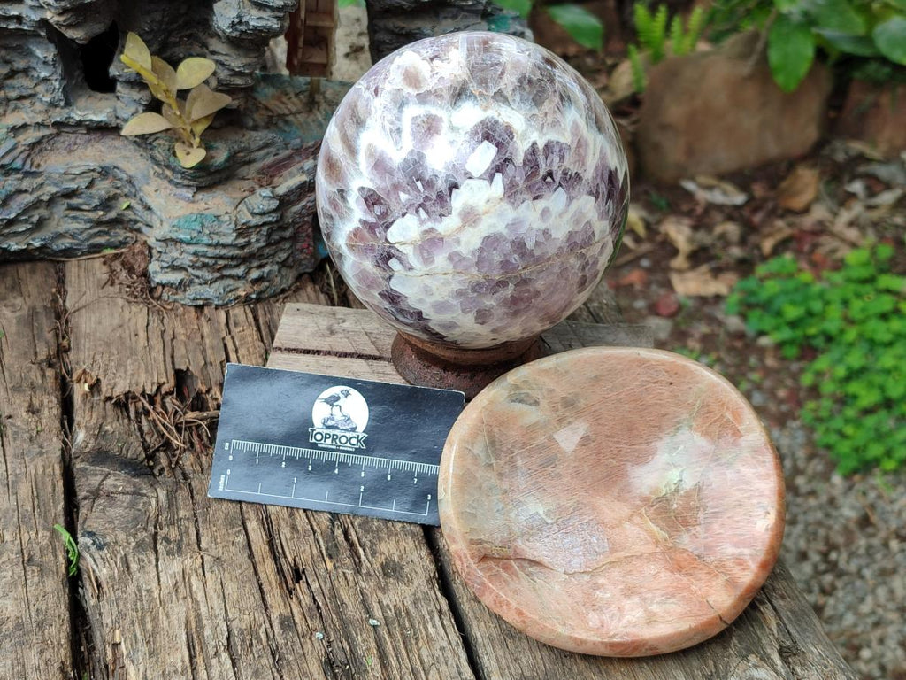 Polished XL Flower Amethyst Sphere with Orange Feldspar Stand x 2 From Madagascar