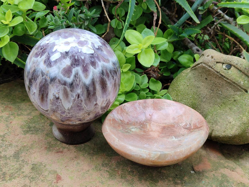 Polished XL Flower Amethyst Sphere with Orange Feldspar Stand x 2 From Madagascar