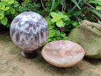 Polished XL Flower Amethyst Sphere with Orange Feldspar Stand x 2 From Madagascar