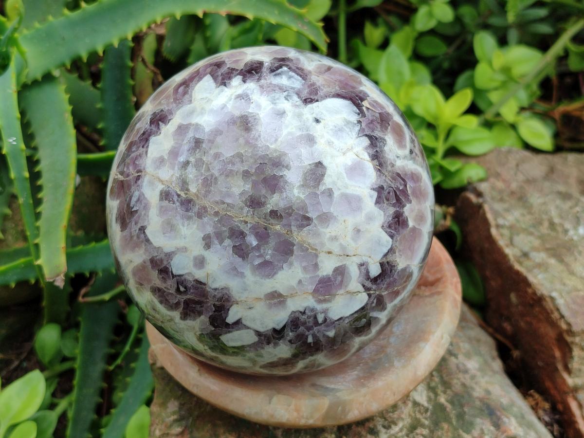 Polished XL Flower Amethyst Sphere with Orange Feldspar Stand x 2 From Madagascar