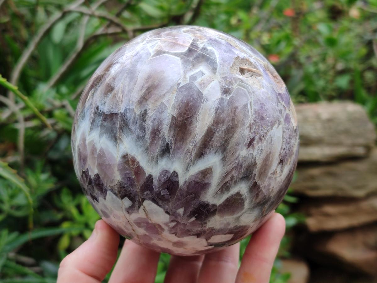 Polished XL Flower Amethyst Sphere with Orange Feldspar Stand x 2 From Madagascar