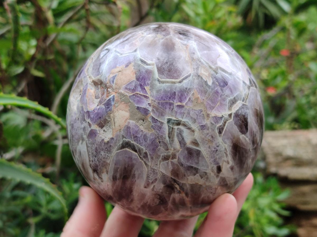Polished XL Flower Amethyst Sphere with Orange Feldspar Stand x 2 From Madagascar