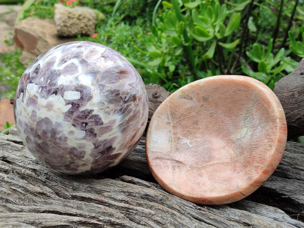 Polished XL Flower Amethyst Sphere with Orange Feldspar Stand x 2 From Madagascar