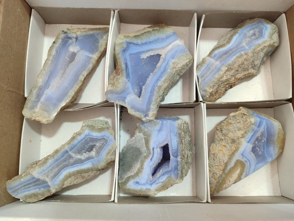 Polished One Side Blue Lace Agate Geodes Slices x 6 From Nsanje, Malawi