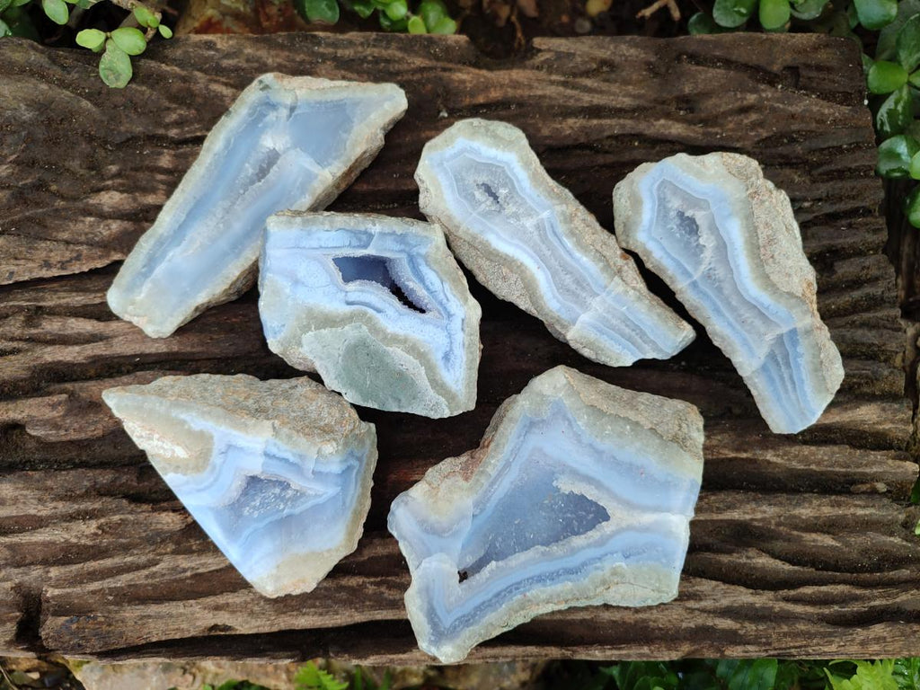 Polished One Side Blue Lace Agate Geodes Slices x 6 From Nsanje, Malawi