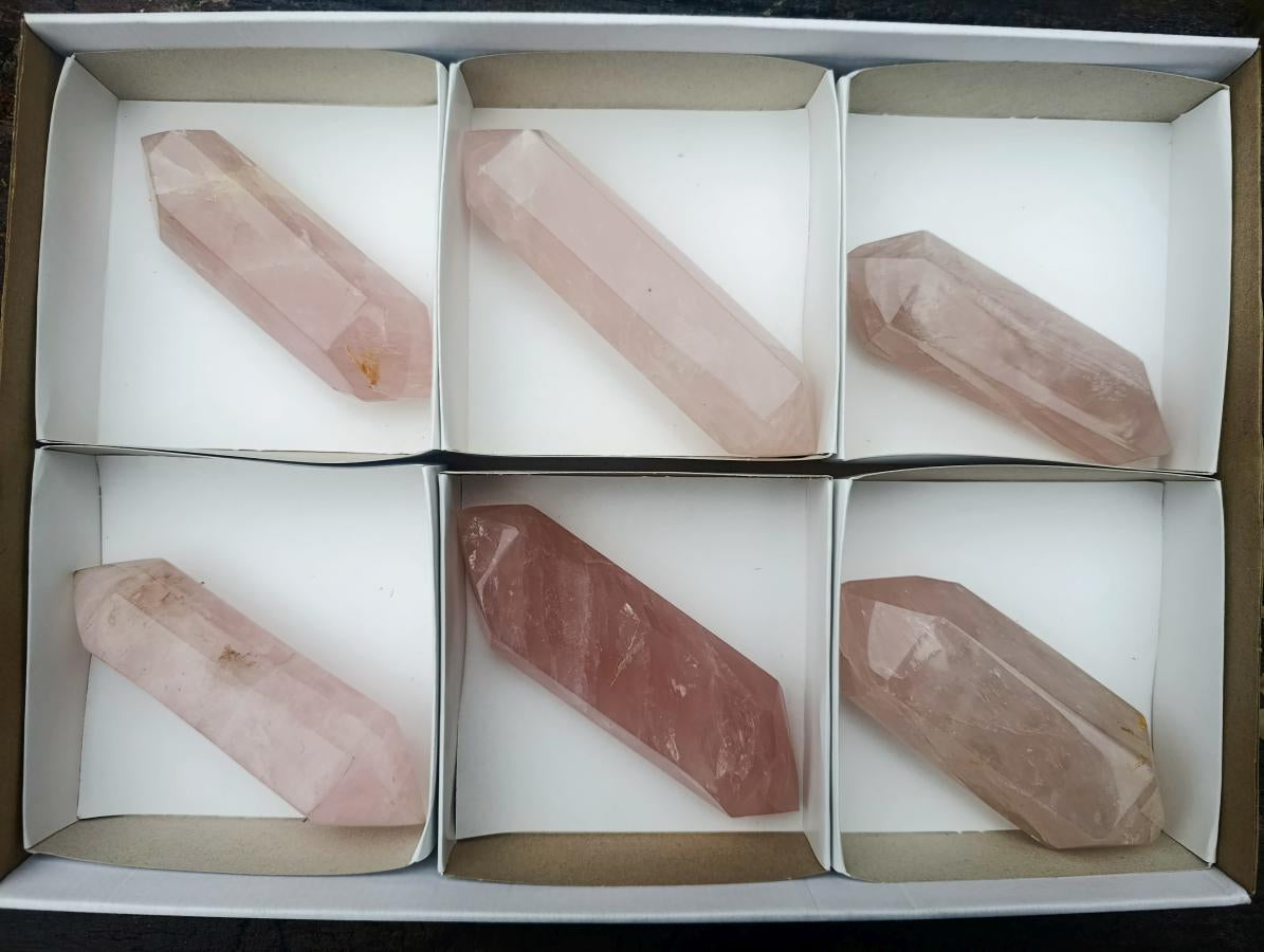 Polished Double Terminated Gemmy Rose Quartz Crystals x 6 From Madagascar - Toprock Gemstones and Minerals 
