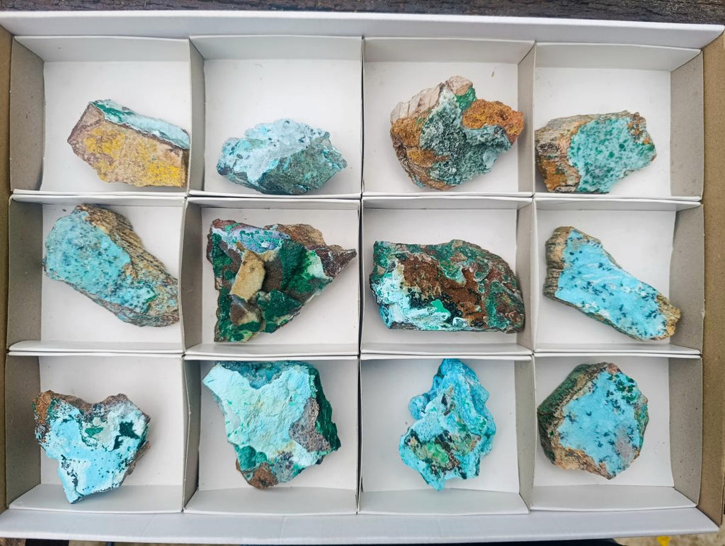 Natural Drusy Coated Chrysocolla Specimens with Malachite and Heterogenite x 12 From Lupoto Mine, Congo - Toprock Gemstones and Minerals 