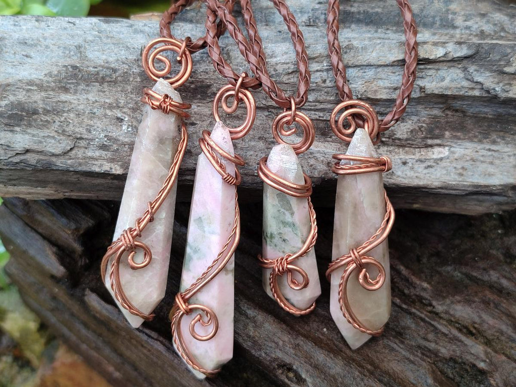 Hand Made Thulite Copper Wire Wrapped Double Terminated Necklaces x 12 From Mozambique - Toprock Gemstones and Minerals 