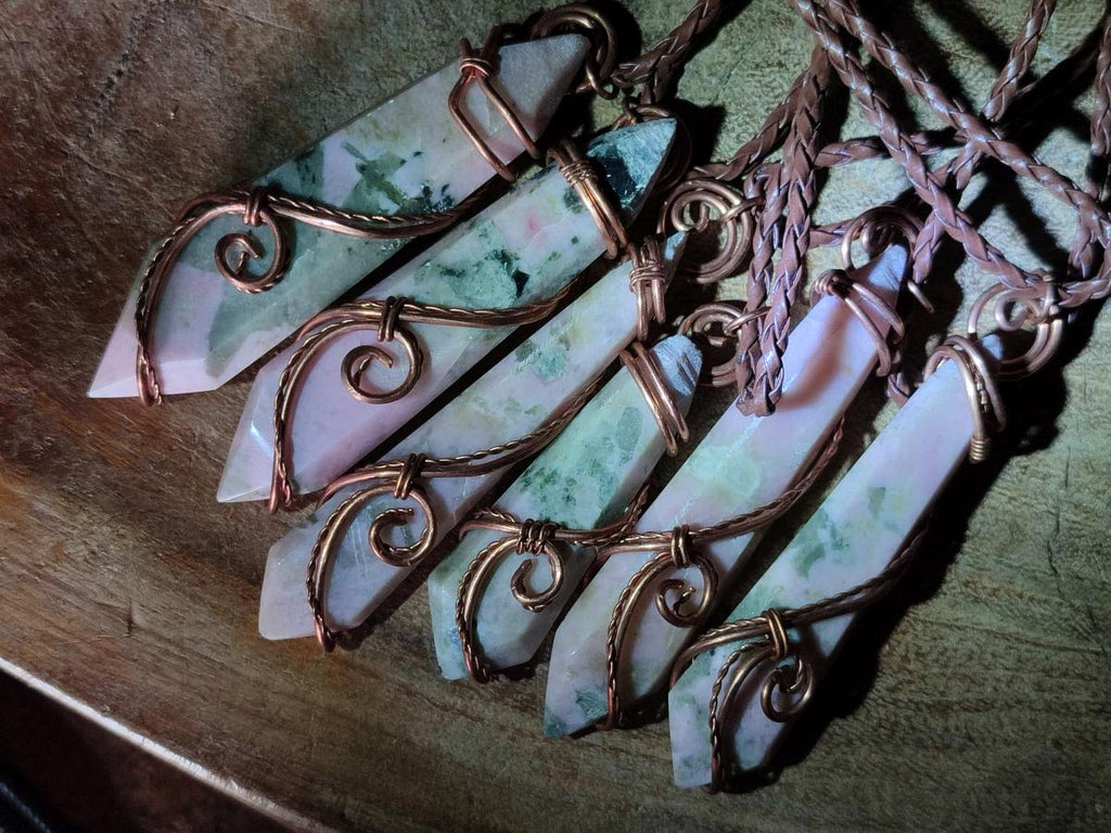 Hand Made Thulite Copper Wire Wrapped Double Terminated Necklaces x 12 From Mozambique - Toprock Gemstones and Minerals 
