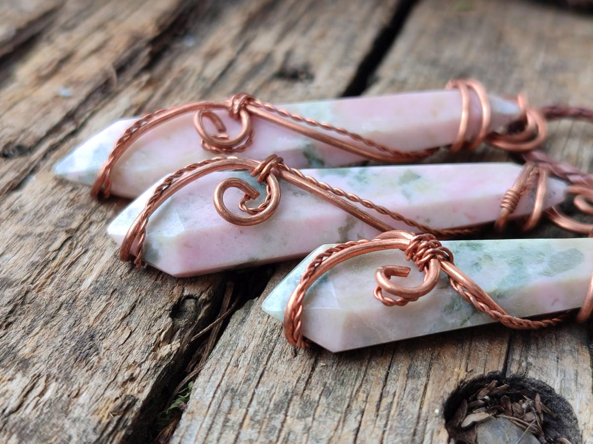 Hand Made Thulite Copper Wire Wrapped Double Terminated Necklaces x 12 From Mozambique - Toprock Gemstones and Minerals 