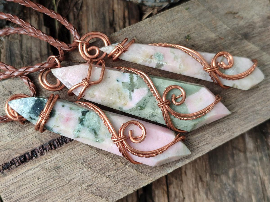 Hand Made Thulite Copper Wire Wrapped Double Terminated Necklaces x 12 From Mozambique - Toprock Gemstones and Minerals 