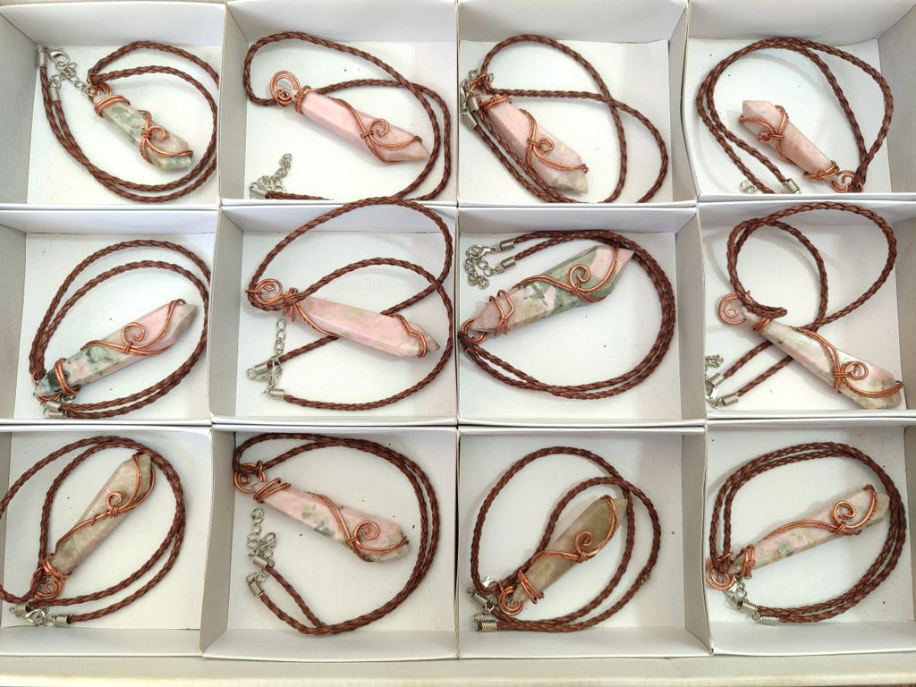 Hand Made Thulite Copper Wire Wrapped Double Terminated Necklaces x 12 From Mozambique - Toprock Gemstones and Minerals 