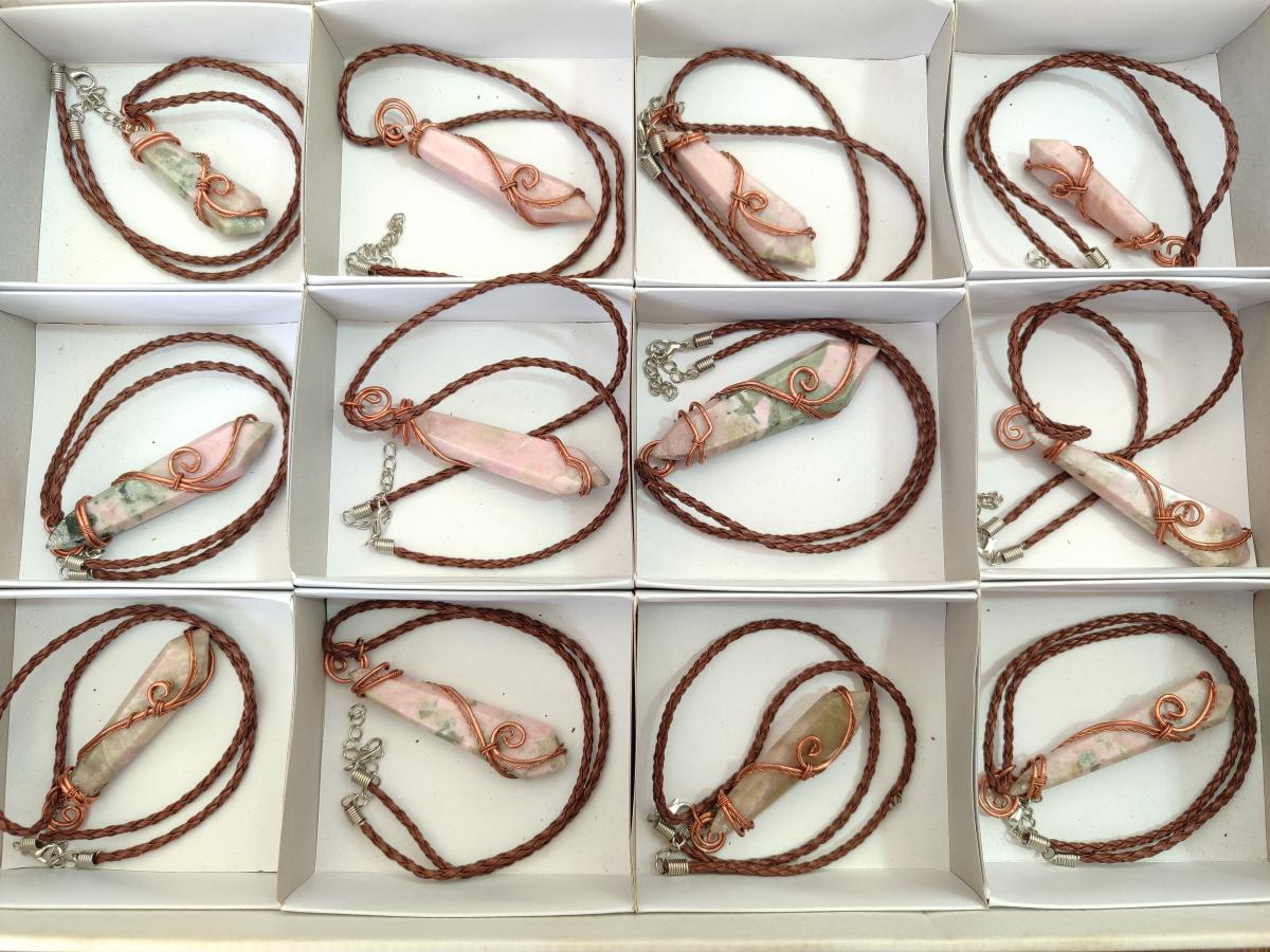 Hand Made Thulite Copper Wire Wrapped Double Terminated Necklaces x 12 From Mozambique - Toprock Gemstones and Minerals 