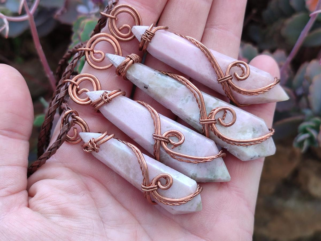 Hand Made Thulite Copper Wire Wrapped Double Terminated Necklaces x 12 From Mozambique - Toprock Gemstones and Minerals 