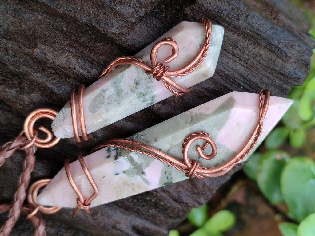 Hand Made Thulite Copper Wire Wrapped Double Terminated Necklaces x 12 From Mozambique - Toprock Gemstones and Minerals 