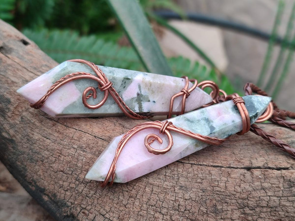 Hand Made Thulite Copper Wire Wrapped Double Terminated Necklaces x 12 From Mozambique - Toprock Gemstones and Minerals 