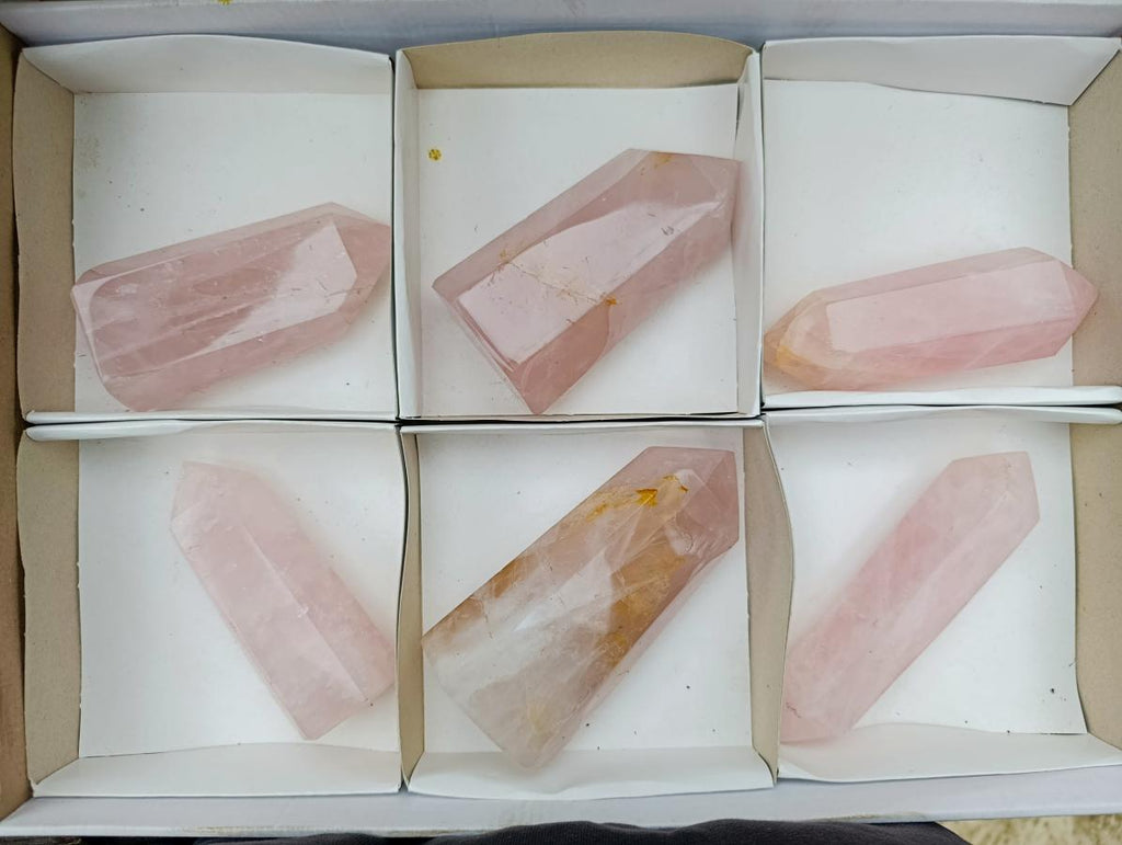 Polished Gemmy Rose Quartz Crystals and Double Terminated Crystals x 6 From Madagascar - Toprock Gemstones and Minerals 