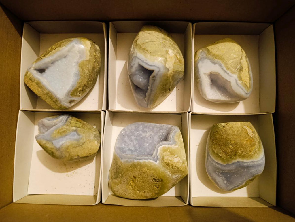 Polished and Natural Blue Lace Agate Standing Display Pieces x 6 From Nsanje, Malawi - Toprock Gemstones and Minerals 