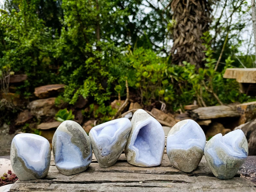 Polished and Natural Blue Lace Agate Standing Display Pieces x 6 From Nsanje, Malawi - Toprock Gemstones and Minerals 