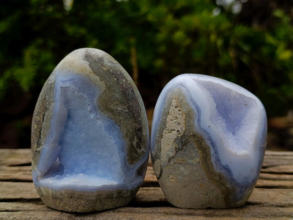 Polished and Natural Blue Lace Agate Standing Display Pieces x 6 From Nsanje, Malawi - Toprock Gemstones and Minerals 