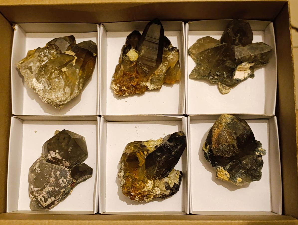 Natural Smokey Quartz Crystals with Foitite and Hyalite Opal x 6 From Erongo, Namibia - Toprock Gemstones and Minerals 