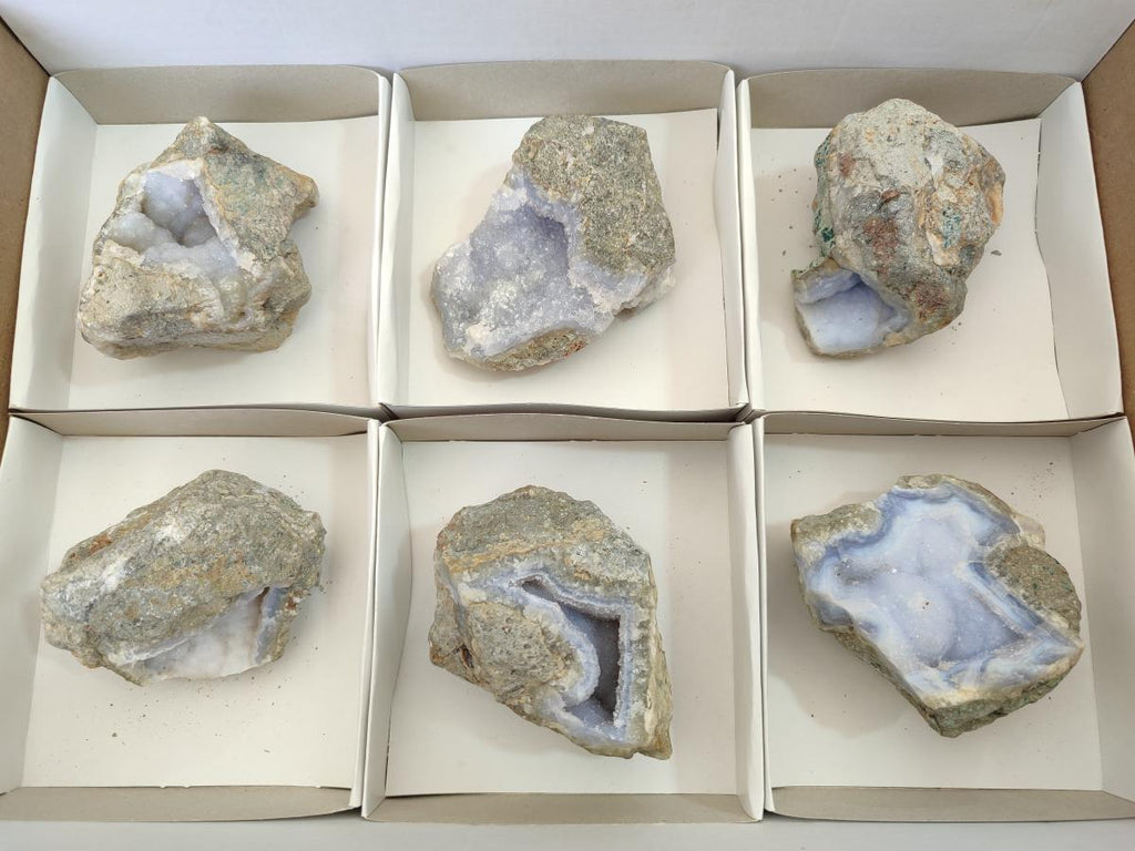Natural Blue Lace Agate Geode Specimens x 6 From Nsanje, Malawi
