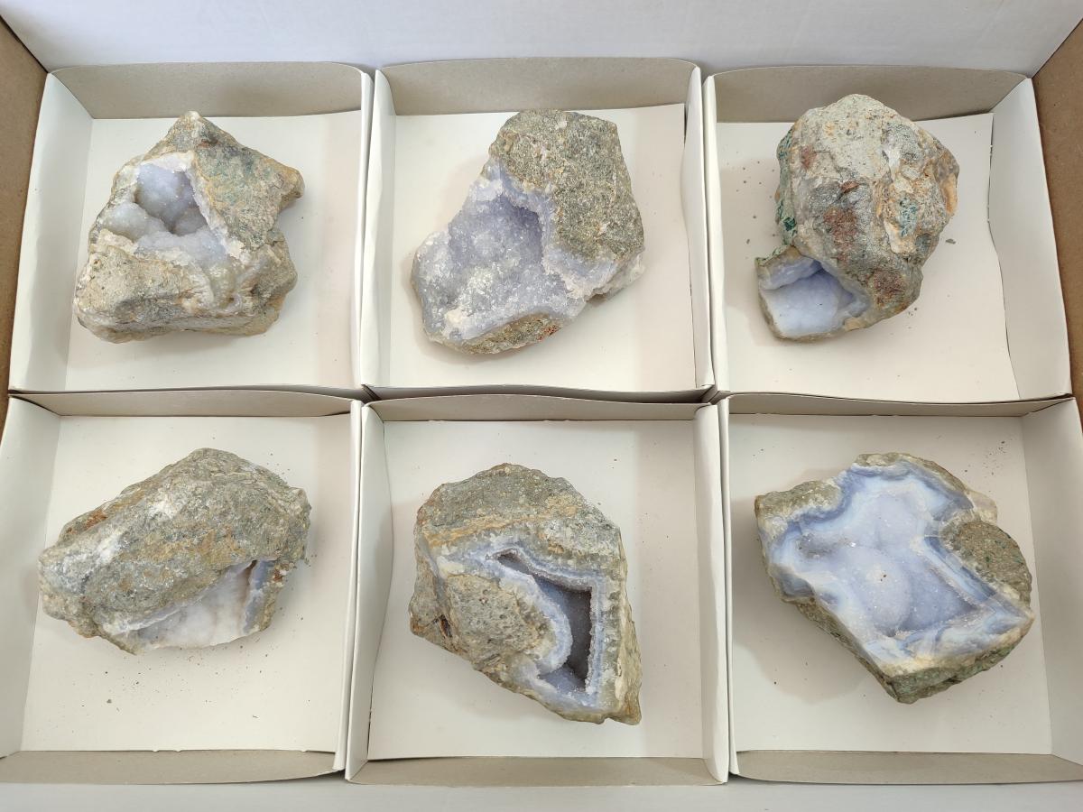 Natural Blue Lace Agate Geode Specimens x 6 From Nsanje, Malawi