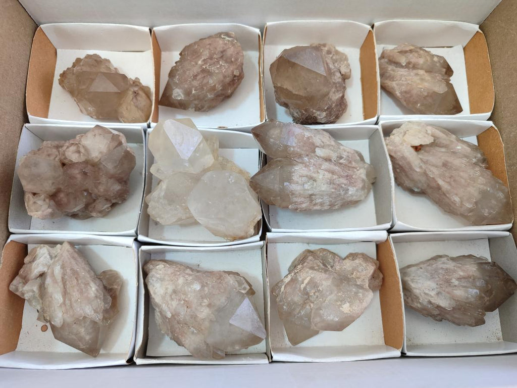 Natural Cascading White Phantom Smokey Clear Luena Quartz Crystals and Clusters x 12 From Luena, Congo