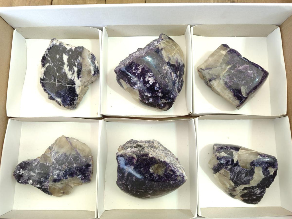 Polished One Side Silver Leaf Lepidolite Slices x 6 From Zimbabwe