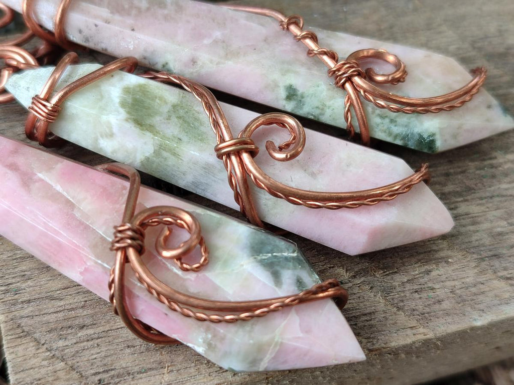 Hand Made Thulite Copper Wire Wrapped Double Terminated Necklaces x 12 From Mozambique