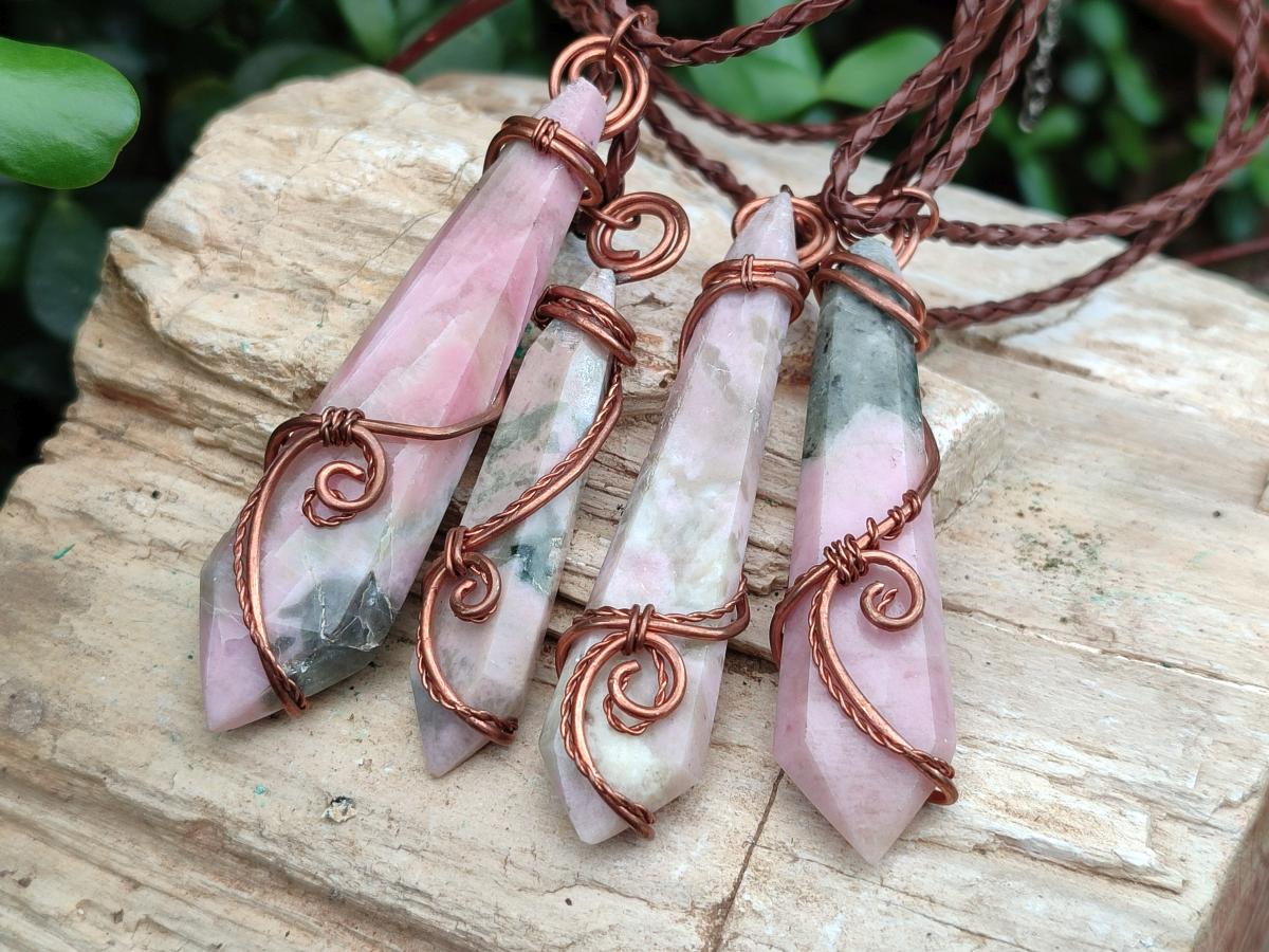 Hand Made Thulite Copper Wire Wrapped Double Terminated Necklaces x 12 From Mozambique