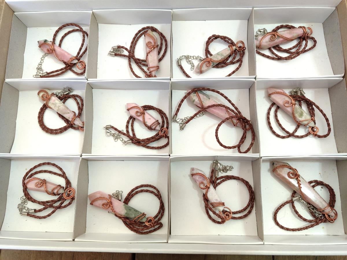 Hand Made Thulite Copper Wire Wrapped Double Terminated Necklaces x 12 From Mozambique