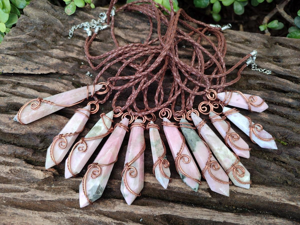 Hand Made Thulite Copper Wire Wrapped Double Terminated Necklaces x 12 From Mozambique
