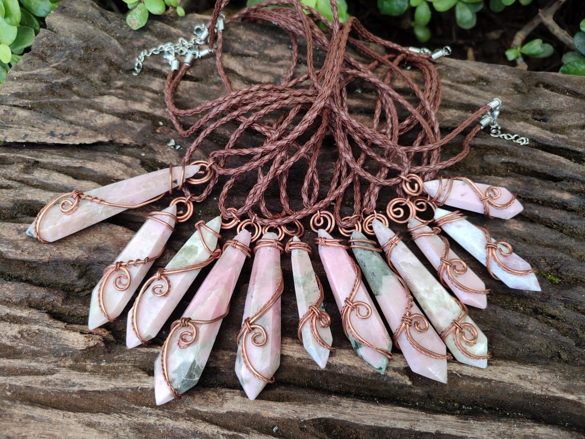 Hand Made Thulite Copper Wire Wrapped Double Terminated Necklaces x 12 From Mozambique