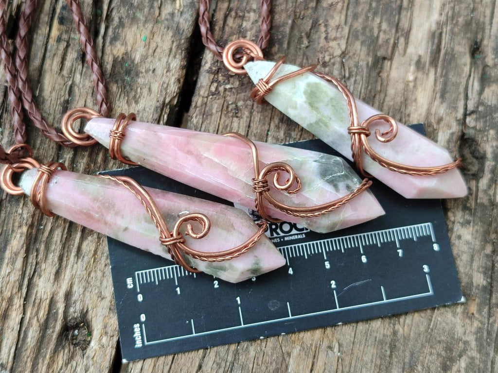 Hand Made Thulite Copper Wire Wrapped Double Terminated Necklaces x 12 From Mozambique