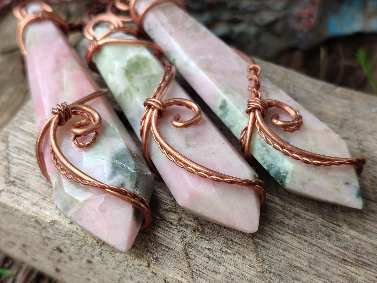 Hand Made Thulite Copper Wire Wrapped Double Terminated Necklaces x 12 From Mozambique